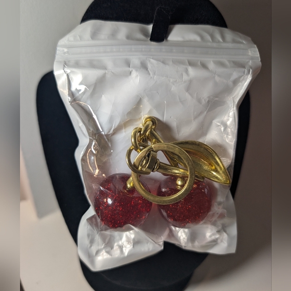 New! Red Cherry Keychain Or Purse Charm with Gold Accents - Picture 2 of 3